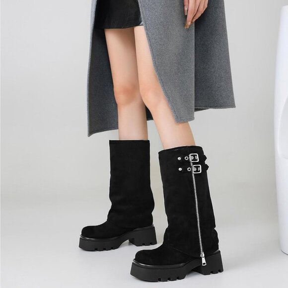 Women's All Black Chunky Slouchy Fold Over Wide Calf Buckle Knee High Boots - Picture 2 of 5